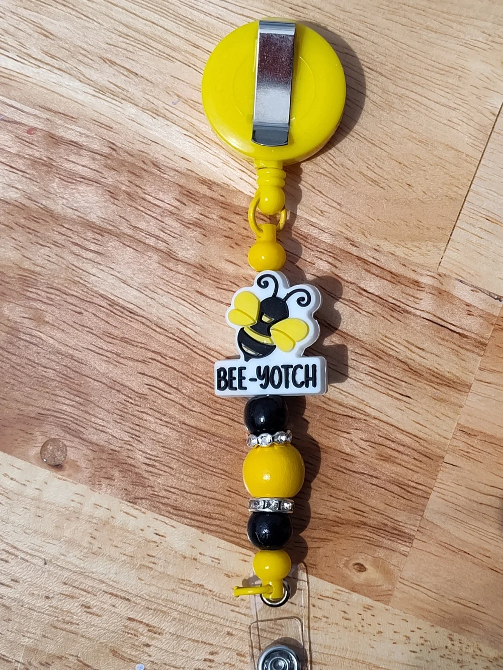 Bee-Yotch Yellow & Black Beaded Badge Reel With Rhinestone Accents